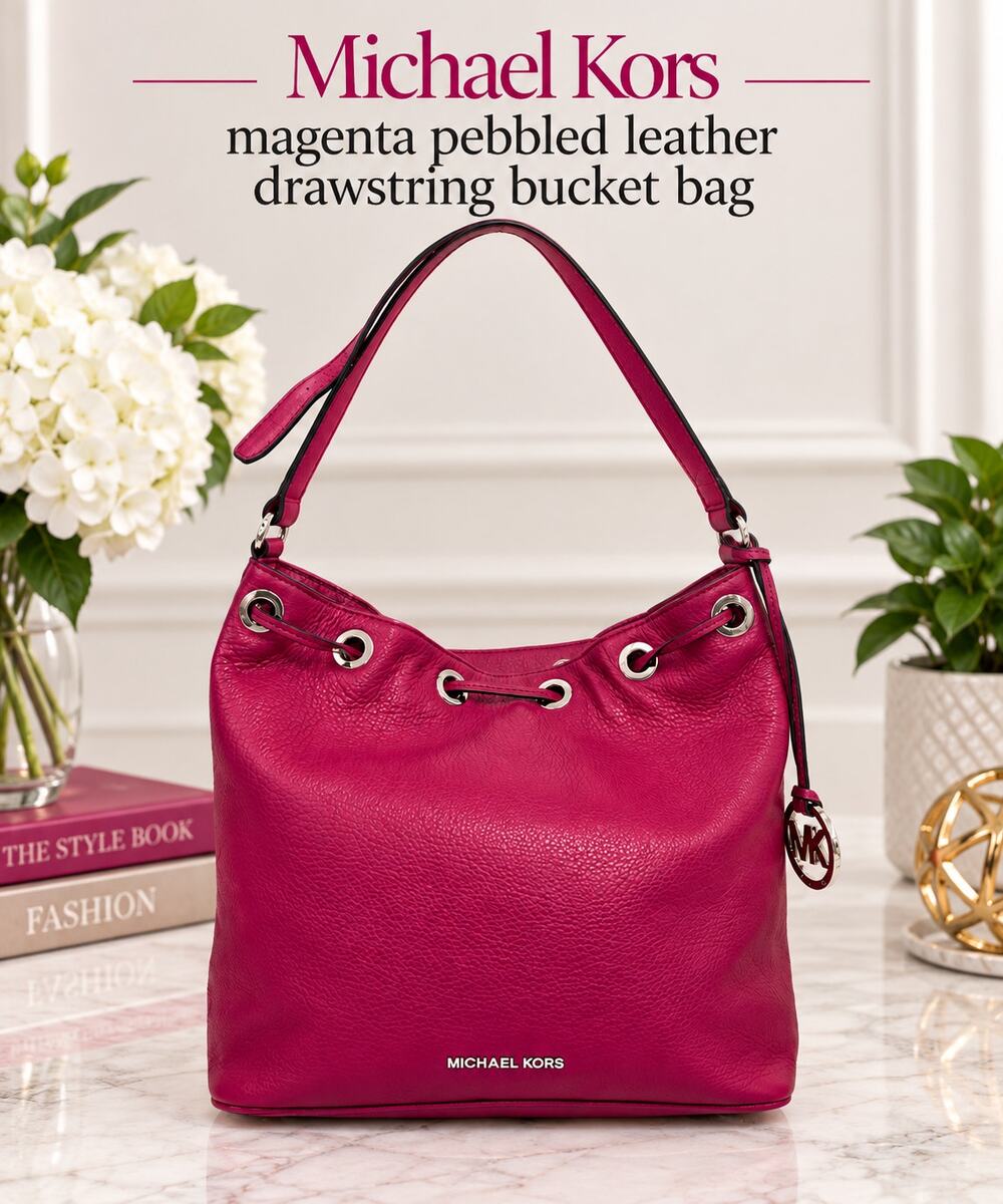 MICHAEL KORS Magenta Pebbled Leather Drawstring Bucket Bag